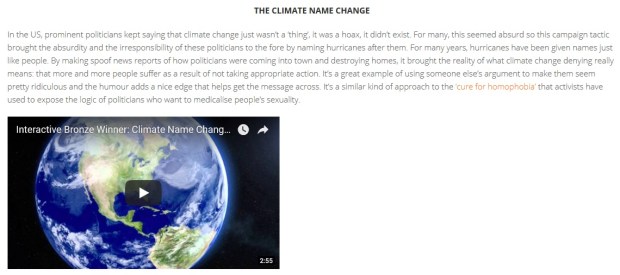 Screenshot of Climate Name Change campaign tactic and copy. Copy in image is: 
